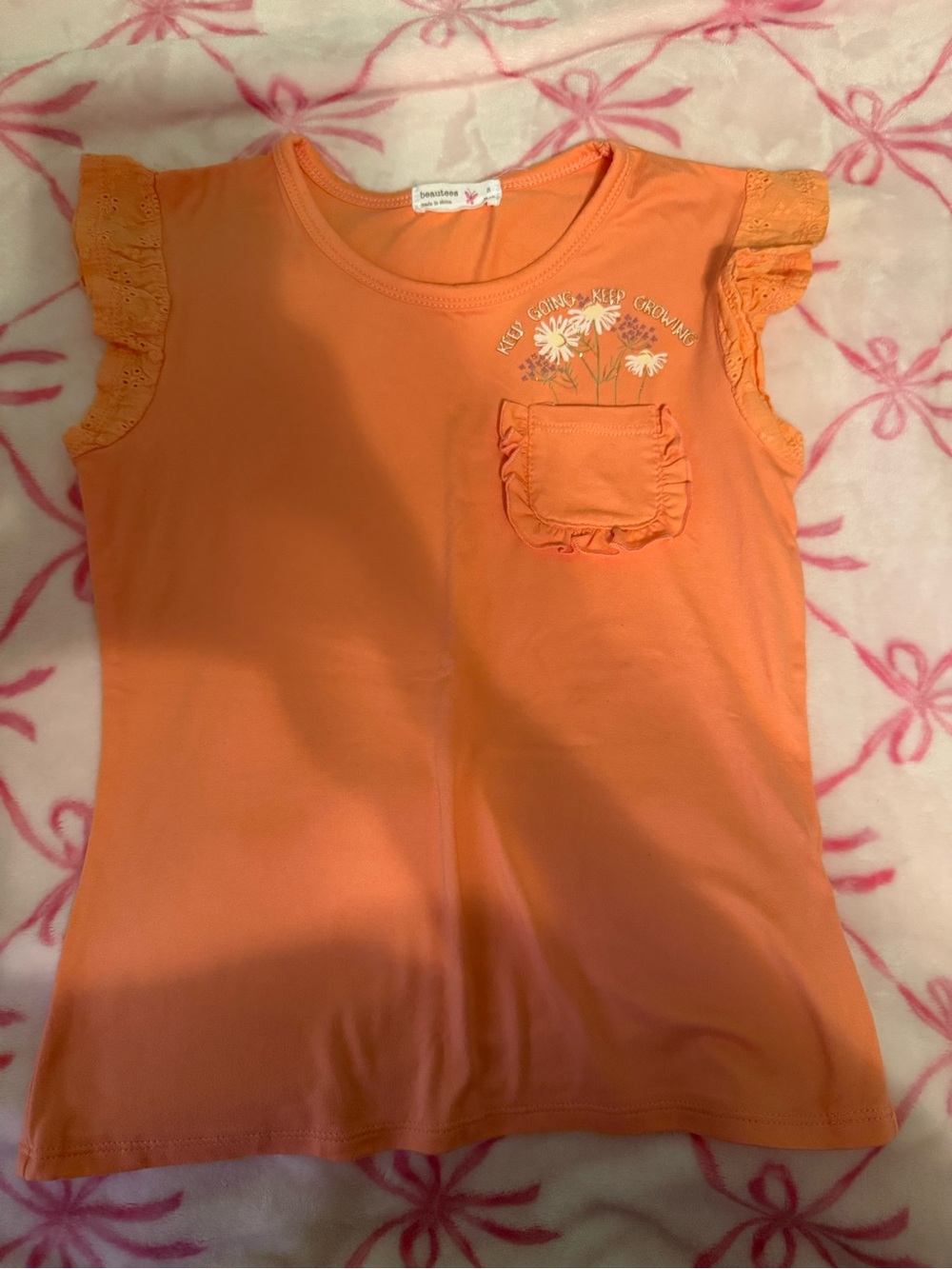 Beautees Orange Ruffle Sleeve Tee with Floral Pocket